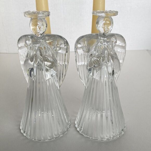 Vintage Clear Glass Lead Crystal Angel Taper Candle Stick Holders Set 2 Holiday - Picture 2 of 15